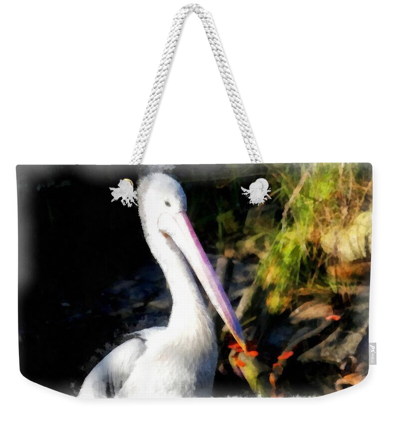 Abstract Weekender Tote Bag featuring the photograph A white bird and its big beak by Ashish Agarwal