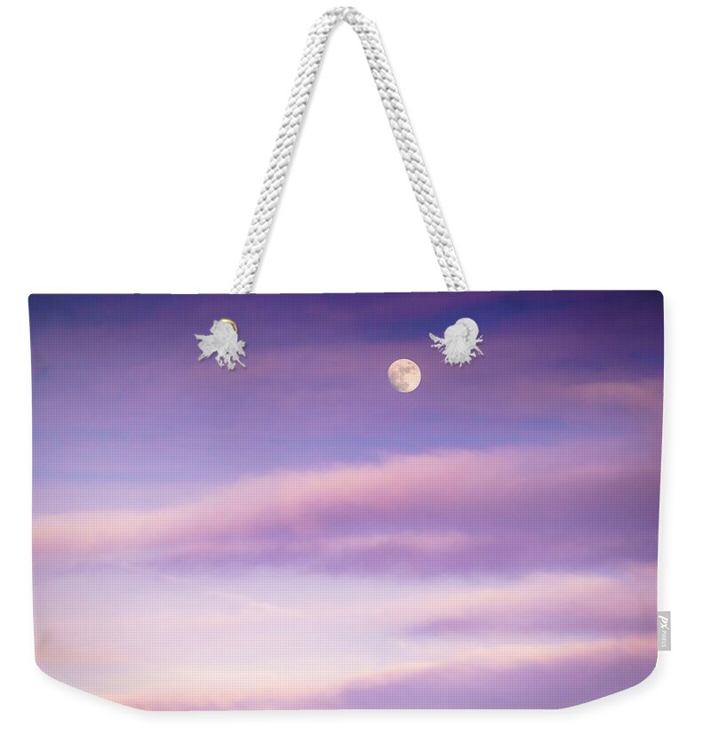 Clouds Weekender Tote Bag featuring the photograph A White Moon in Twilight by Ellie Teramoto