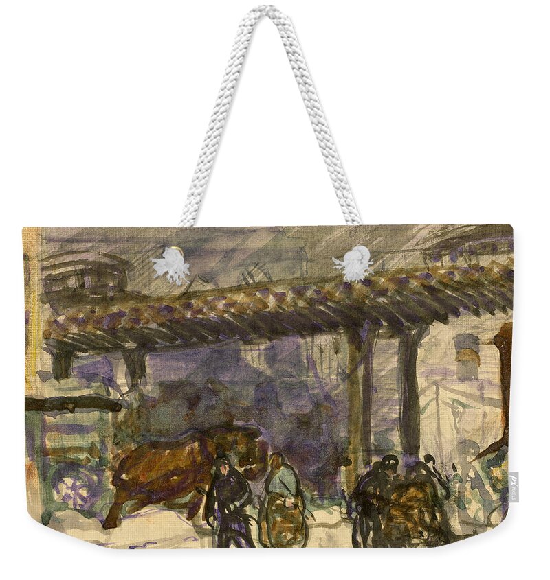 George Bellows Weekender Tote Bag featuring the painting A Winter Day - Under the Elevated near Brooklyn Bridge by George Bellows