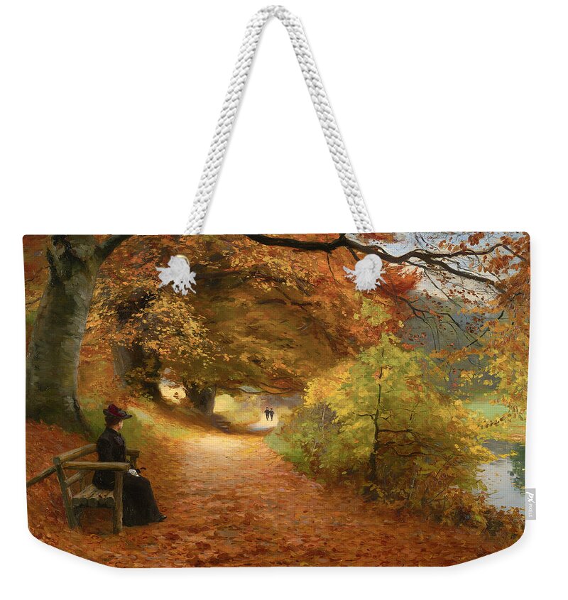 Painting Weekender Tote Bag featuring the painting A Wooded Path In Autumn by Mountain Dreams