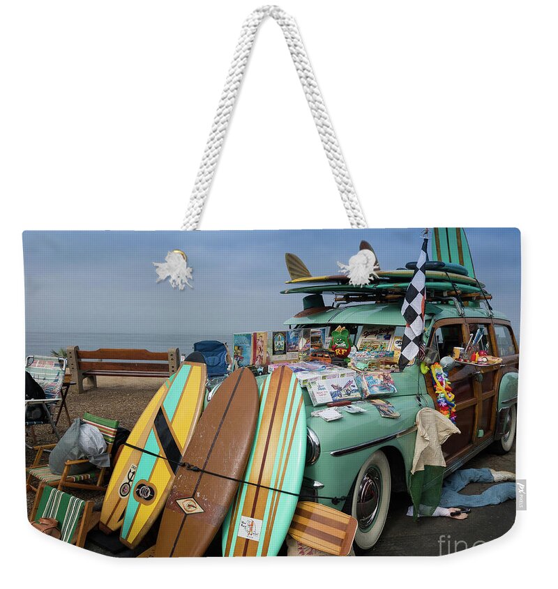 1940s Weekender Tote Bag featuring the photograph A Woodie and Its Tchotchke by David Levin