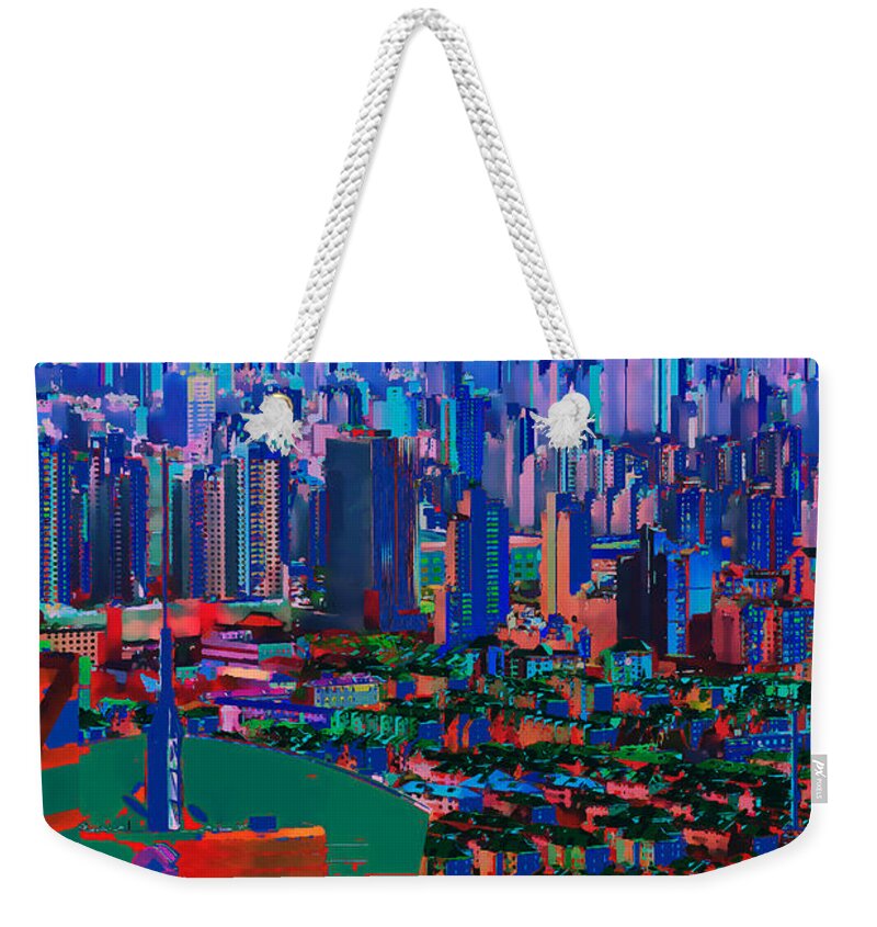 City Weekender Tote Bag featuring the digital art A World Away - Shanghai NIght by Xine Segalas