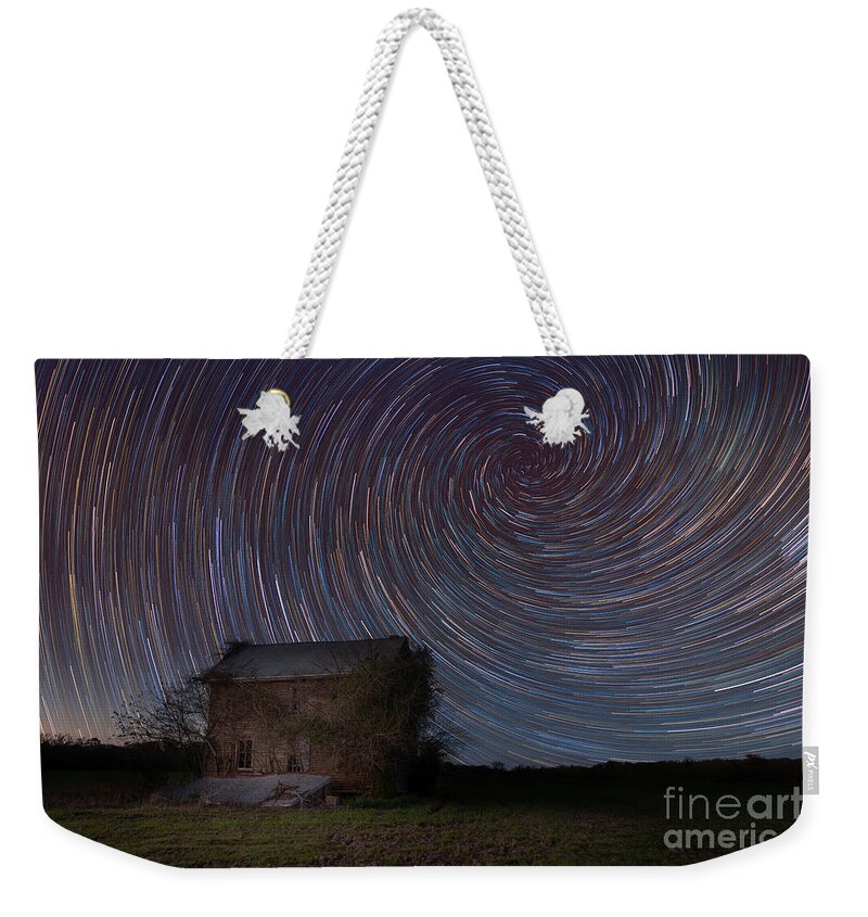 Nature Reclaimed Weekender Tote Bag featuring the photograph Abandoned House Spiral Star Trail by Michael Ver Sprill
