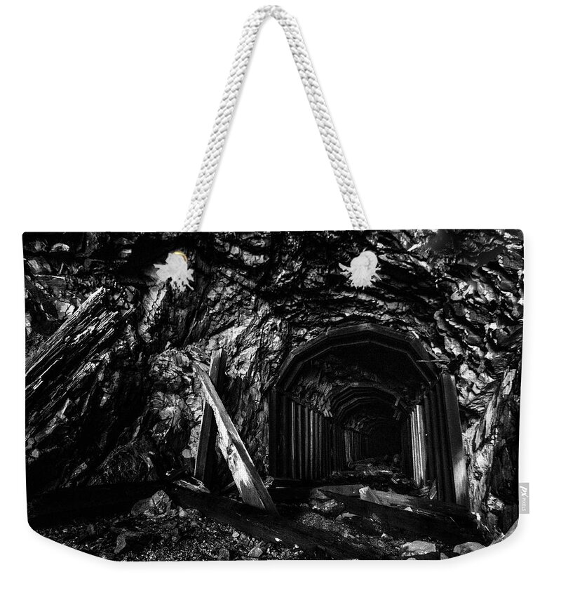 Tunnel Weekender Tote Bag featuring the photograph Abandoned Railroad Tunnel Black and White by Pelo Blanco Photo