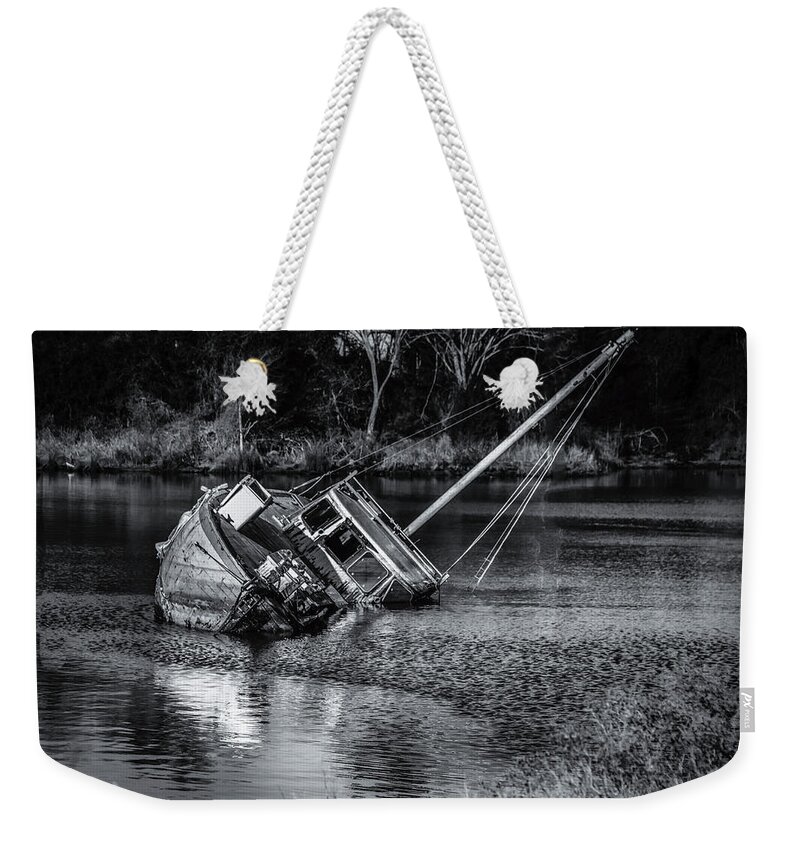 Waterscape Weekender Tote Bag featuring the photograph Abandoned Ship in Monochrome by Donald Brown
