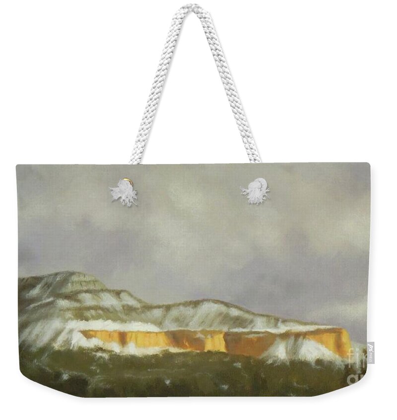 Northern New Mexico Weekender Tote Bag featuring the painting Abiquiu Band of Gold by Phyllis Andrews