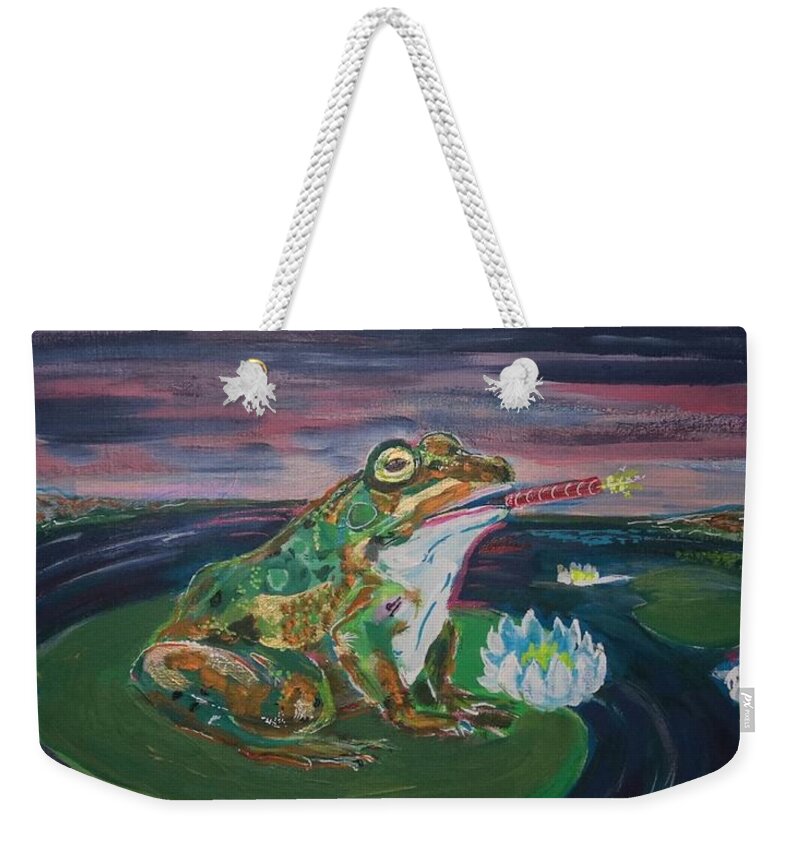 Frog Firecracker Fireworks July4th Independence Day Lily Pad Tadpole Pollywog Toad Pond Bang Amphibian Weekender Tote Bag featuring the painting About To Make A Big Splash by Jonathan Morrill