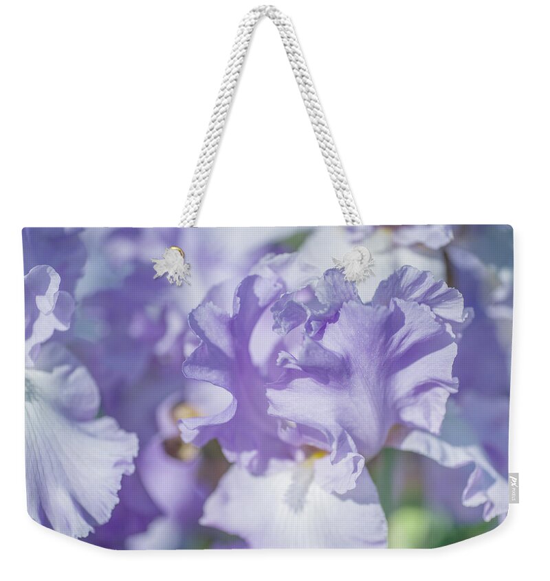 Jenny Rainbow Fine Art Photography Weekender Tote Bag featuring the photograph Absolute Treasure CloseUp. The Beauty of Irises by Jenny Rainbow