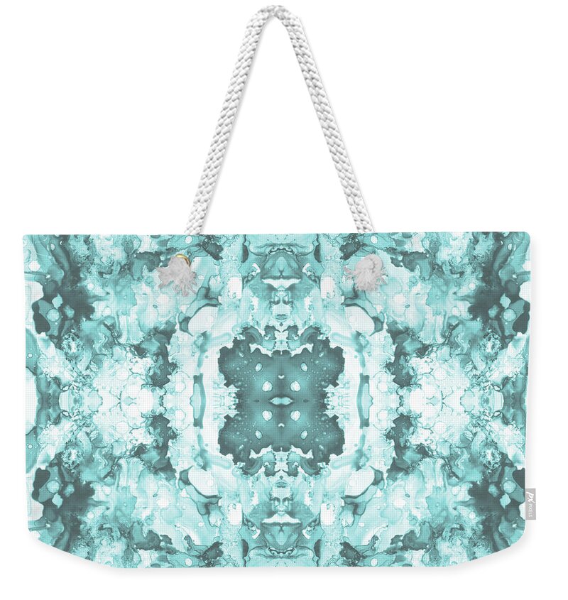 Pattern Weekender Tote Bag featuring the mixed media Abstract 20 Aqua by Lucie Dumas