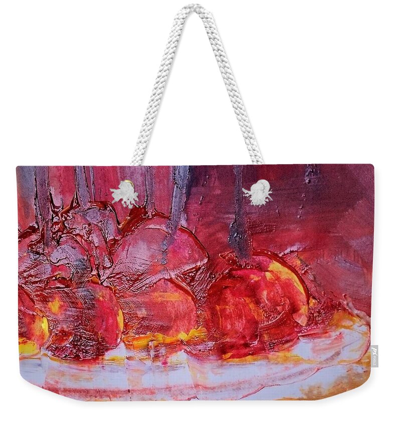 Abstract Weekender Tote Bag featuring the painting Abstract Apples On Cake Plate Painting by Lisa Kaiser
