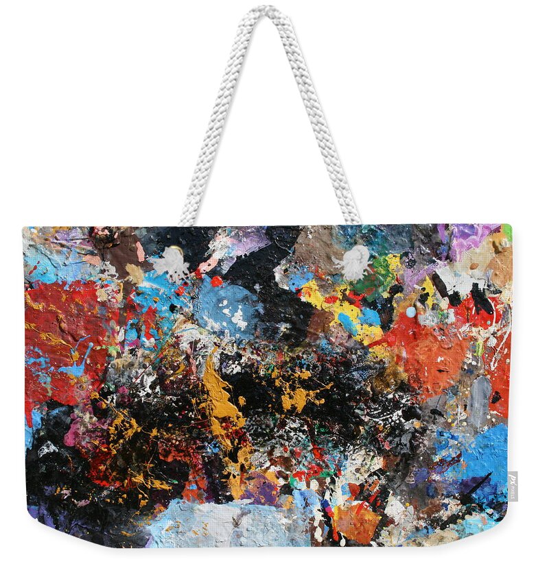 Abstract Oll Collage Blasting With Intense Color Explosion Blues Weekender Tote Bag featuring the painting Abstract Blast by Melinda Saminski