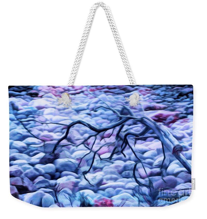 Acadia National Park Weekender Tote Bag featuring the photograph Abstract Claw Driftwood and Cobblestones at Cobblestone Beach, Acadia National Park by Anita Pollak