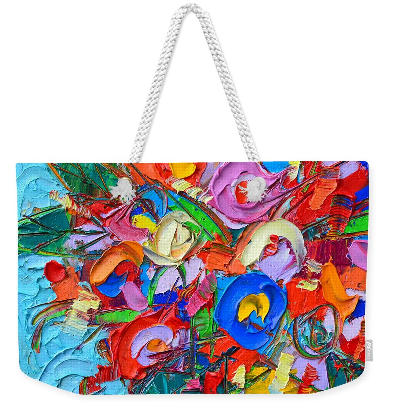 Abstract Weekender Tote Bag featuring the painting Abstract Flowers Floral Miniature Modern Impressionist Palette Knife Oil Painting Ana Maria Edulescu by Ana Maria Edulescu