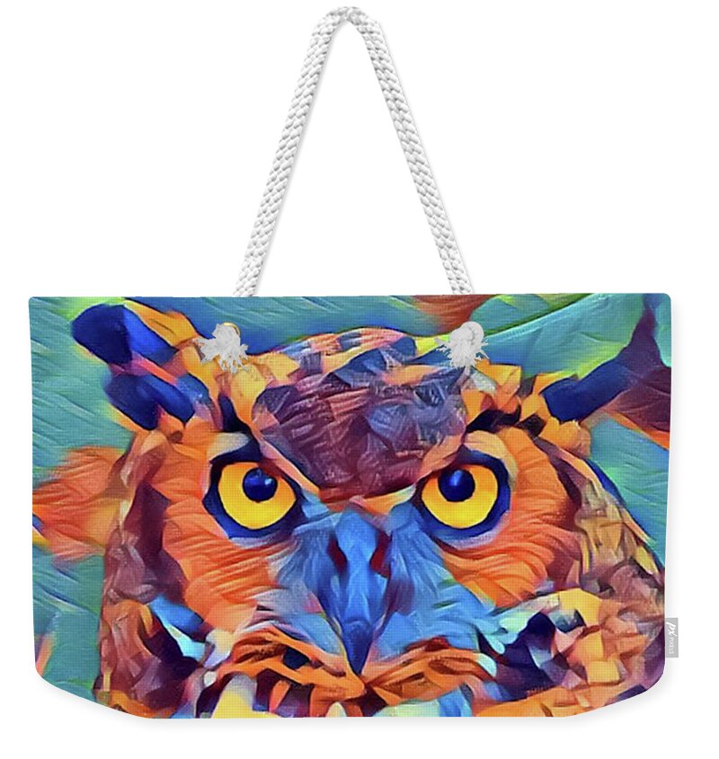 Abstract Weekender Tote Bag featuring the digital art Abstract Great Horned Owl by Kathy Kelly