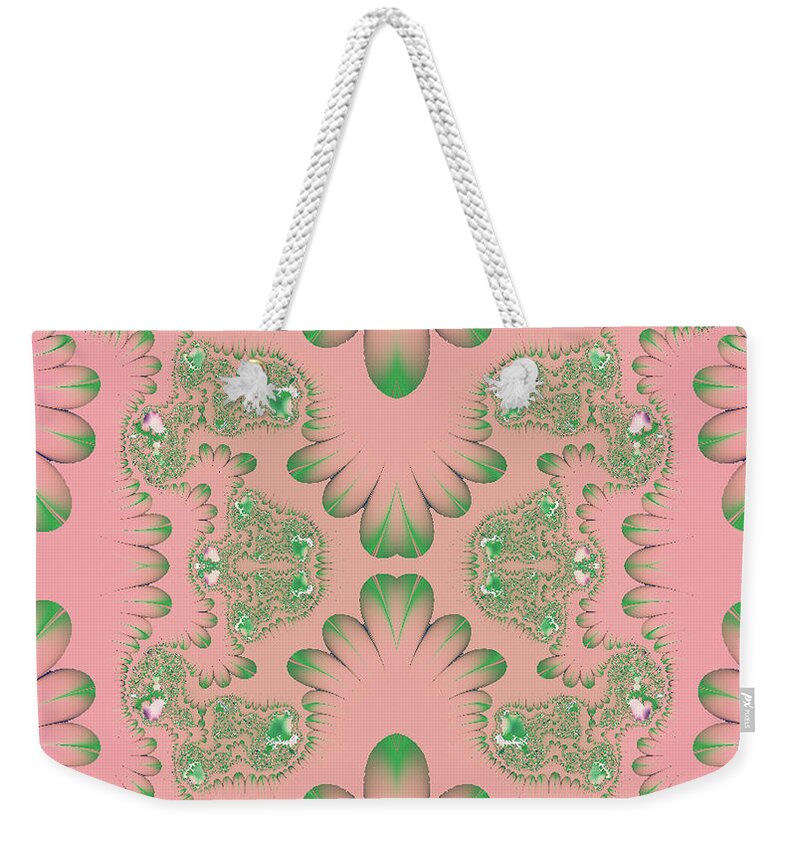 Abstract Weekender Tote Bag featuring the digital art Abstract in Pink and Green by Linda Phelps