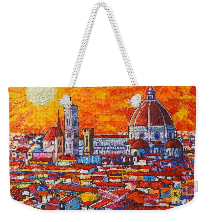 Italy Weekender Tote Bag featuring the painting Abstract Sunset Over Duomo In Florence Italy by Ana Maria Edulescu