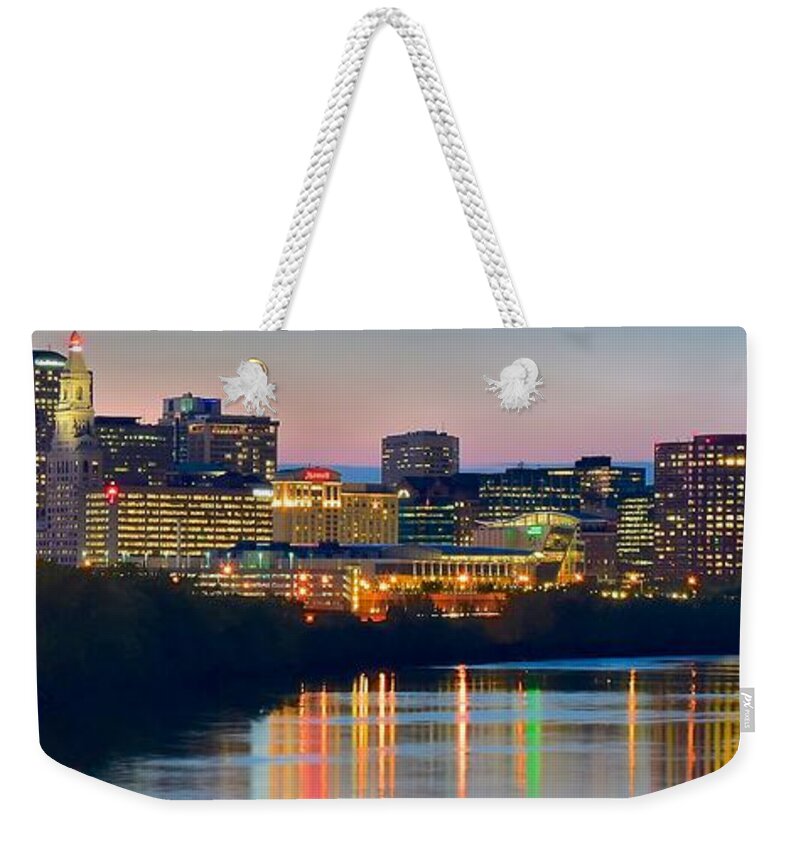 Hartford Weekender Tote Bag featuring the photograph Hartford Connecticut Panorama by Frozen in Time Fine Art Photography