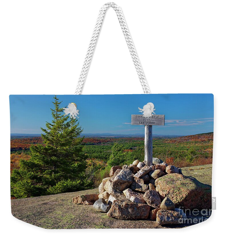 Acadia Weekender Tote Bag featuring the photograph Summit marker, Acadia National Park, Maine, USA by Kevin Shields