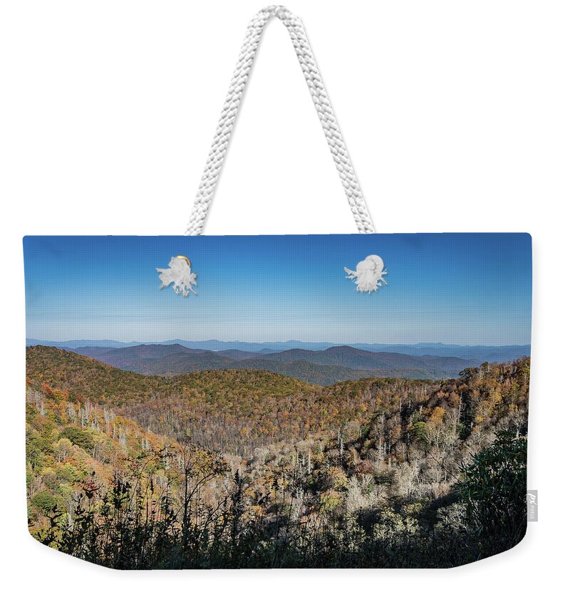 Blue Ridge Parkway Weekender Tote Bag featuring the photograph Across the divide by Jane Luxton