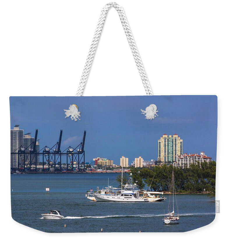 Architecture Weekender Tote Bag featuring the photograph Activity in Biscayne Bay by Ed Gleichman