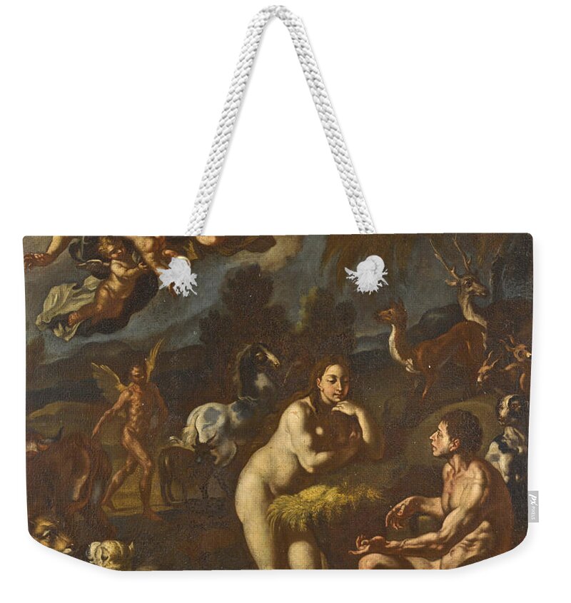 Follower Of Francesco Solimena Weekender Tote Bag featuring the painting Adam and Eve by Follower of Francesco Solimena