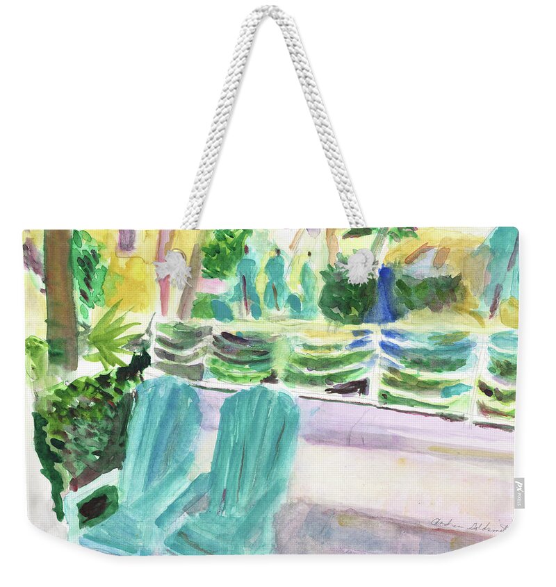 Beach Weekender Tote Bag featuring the painting Adirondack Chairs At Hollywood Beach by Andrea Goldsmith