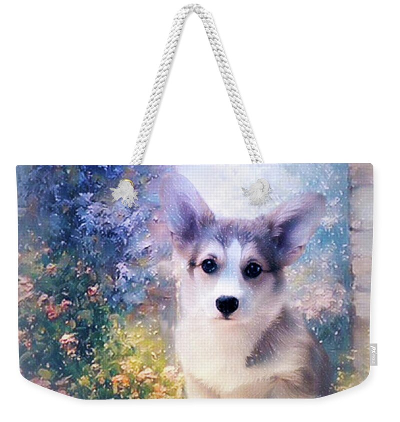 Corgi Puppy Weekender Tote Bag featuring the mixed media Adorable Corgi Puppy by Kathy Kelly