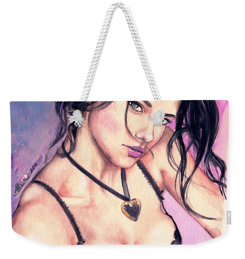 Adriana Lima Weekender Tote Bag featuring the painting Adriana Lima by Alban Dizdari