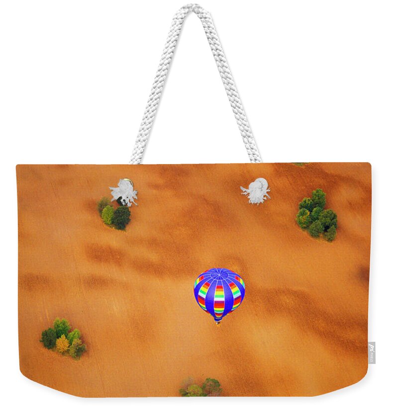  Aerial Weekender Tote Bag featuring the photograph Aerial of Hot Air Balloon above tilled field fall by Tom Jelen