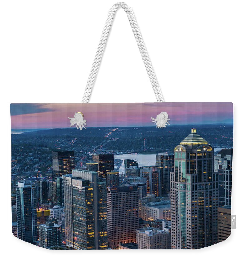 Seattle Weekender Tote Bag featuring the photograph Aerial Seattle Downtown Buildings by Mike Reid
