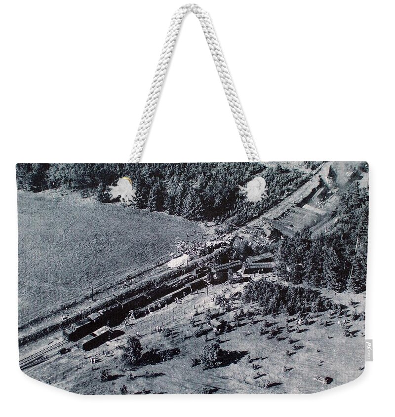 Train Weekender Tote Bag featuring the photograph Aerial Train Wreck by Jeanne May