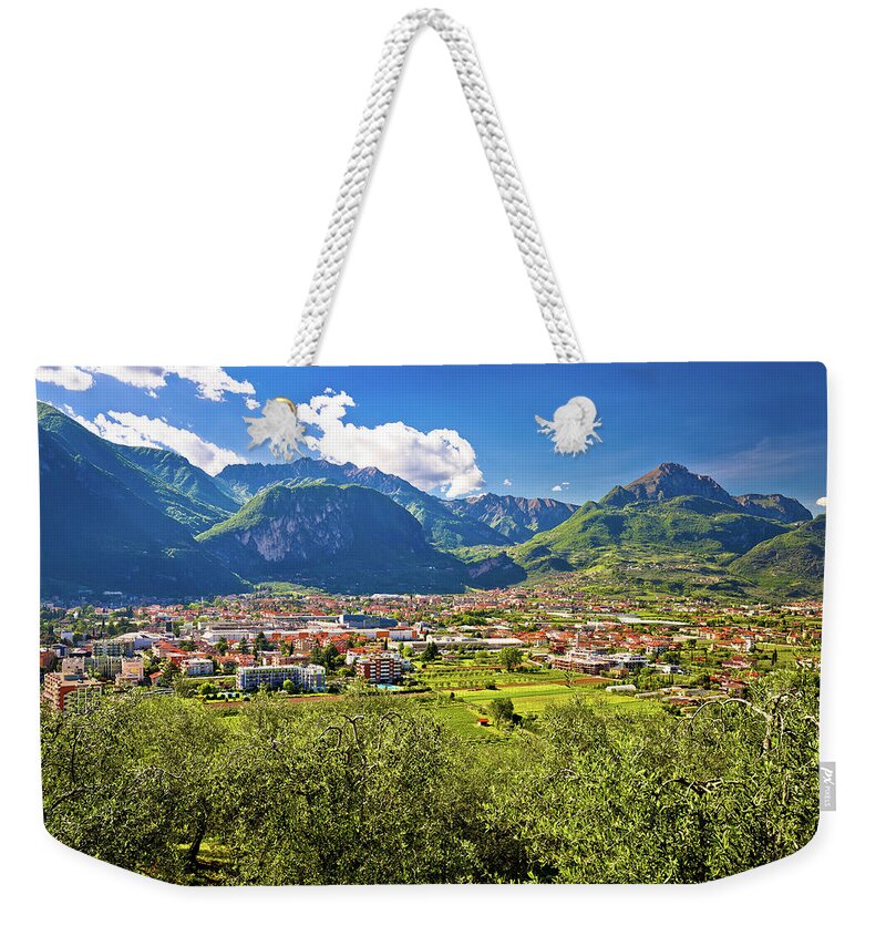 Alps Weekender Tote Bag featuring the photograph Aerial view of Riva del Garda and italian Alps in South Tyrol re by Brch Photography