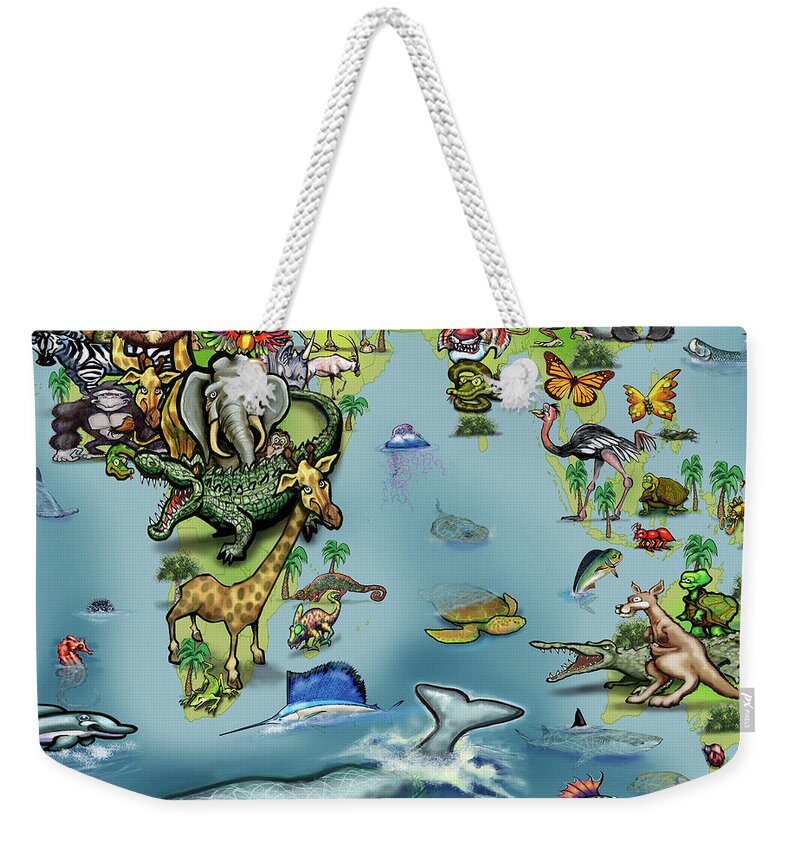 Africa Weekender Tote Bag featuring the digital art Africa Oceania Animals Map by Kevin Middleton