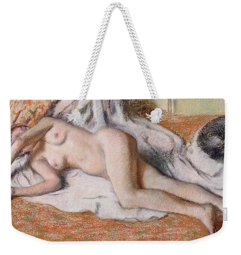 Edgar Degas Weekender Tote Bag featuring the drawing After the Bath or Reclining Nude by Edgar Degas
