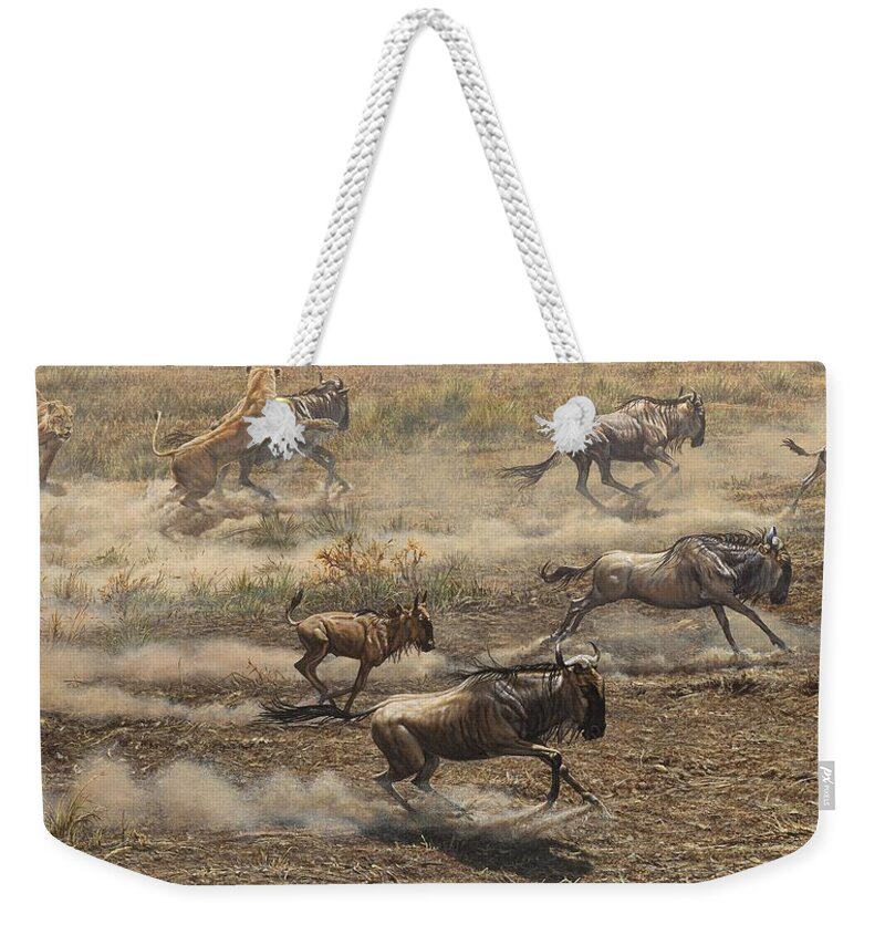 Lion Weekender Tote Bag featuring the painting After The Crossing by Alan M Hunt