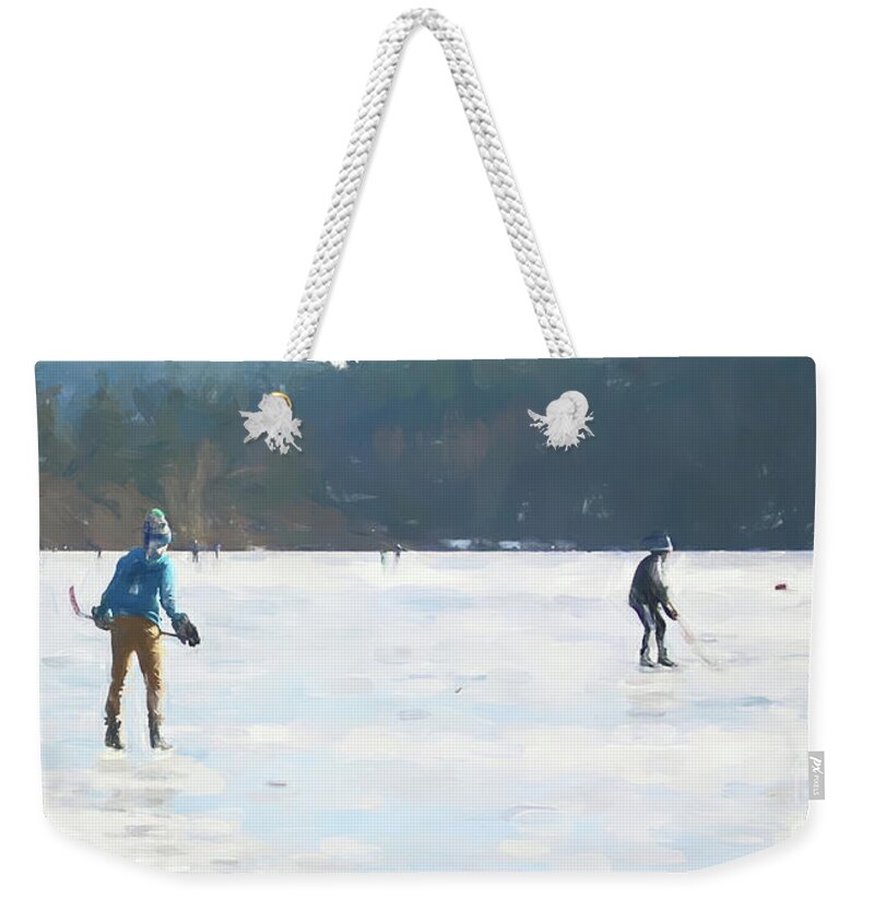 Frozen Lake Weekender Tote Bag featuring the digital art Afternoon Lake Hockey by Cheryl Rose