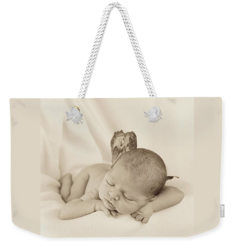 Sepia Weekender Tote Bag featuring the photograph Aimee as a Fairy by Anne Geddes