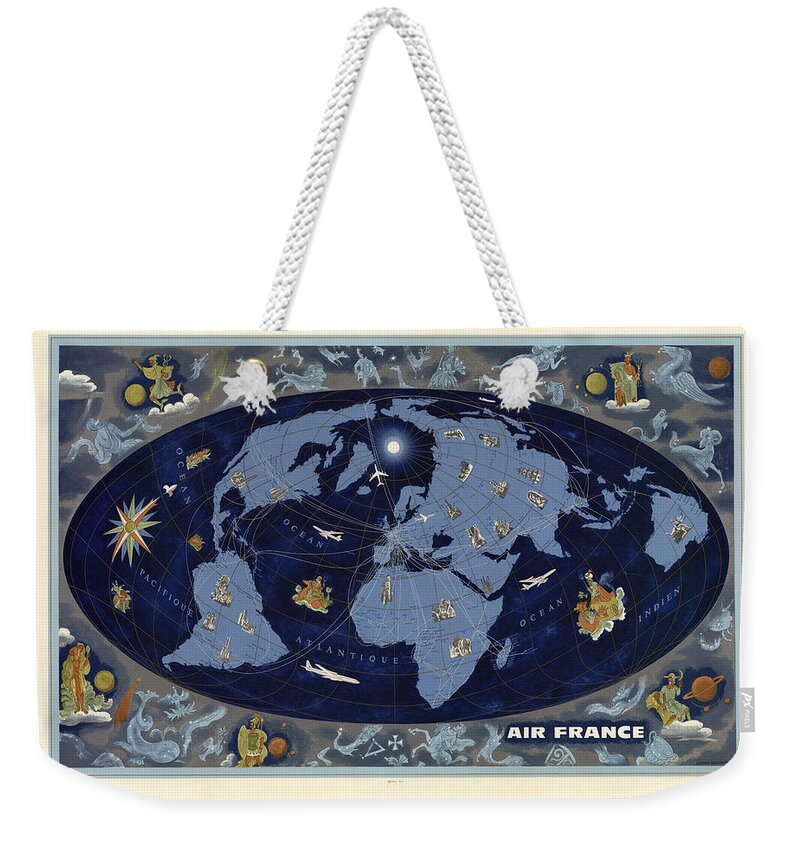 Air France Weekender Tote Bag featuring the mixed media Air France - Vintage Illustrated World Map - Lucien Boucher - Air Routes by Studio Grafiikka