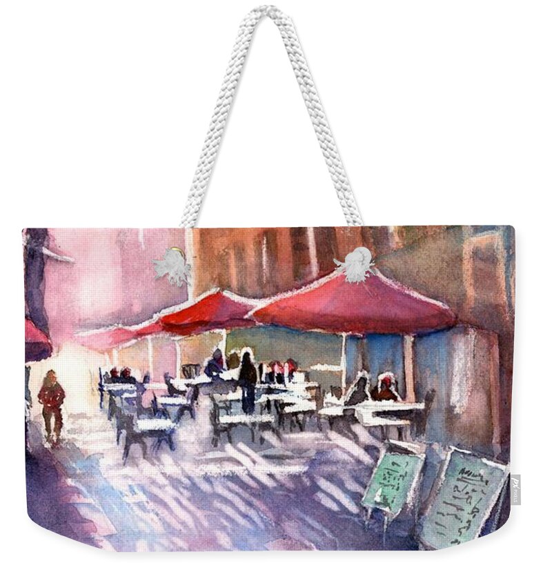 Aix En Provence Weekender Tote Bag featuring the painting Aix en Provence early Morning coffee by Sabina Von Arx