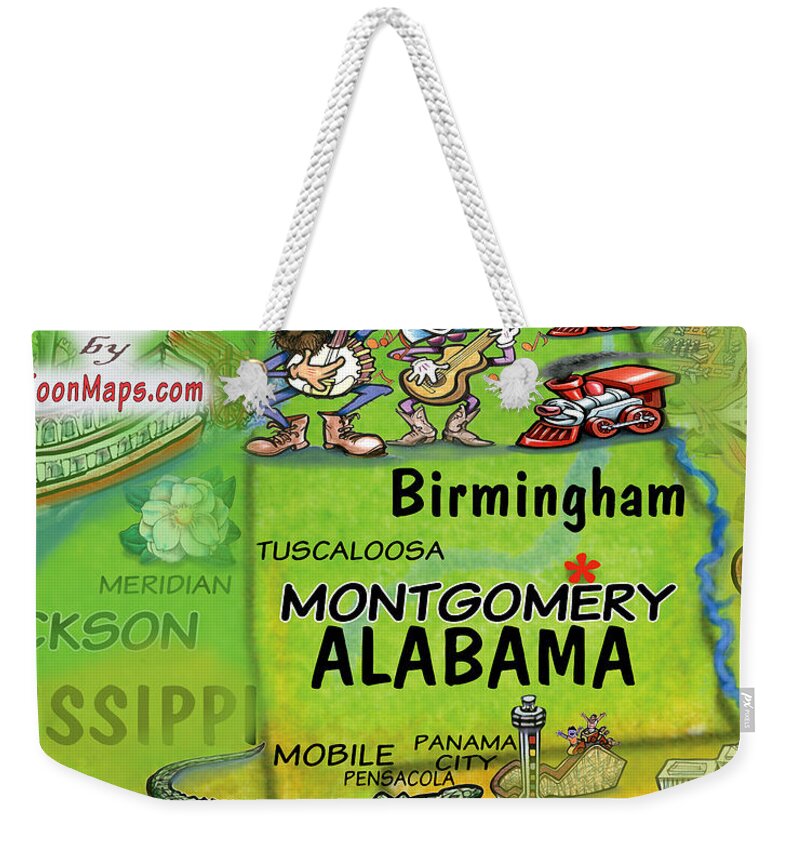 Alabama Weekender Tote Bag featuring the digital art Alabama Fun Map by Kevin Middleton