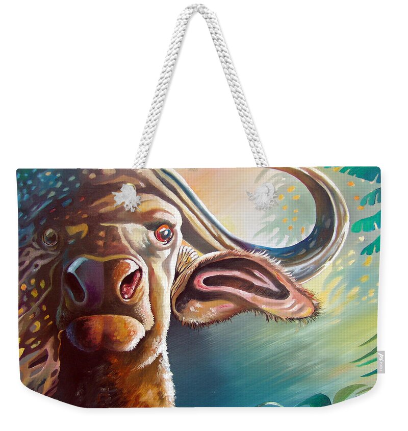 Buffalo Weekender Tote Bag featuring the painting Alarmed by Anthony Mwangi