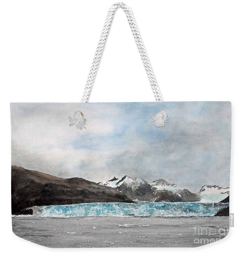 The Meares Glacier In Alaska With Snow Covered Mountains In The Background. Weekender Tote Bag featuring the painting Alaska Ice by Monte Toon