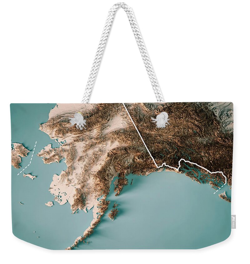 Alaska Weekender Tote Bag featuring the digital art Alaska State 3D Render Topographic Map Neutral Border by Frank Ramspott