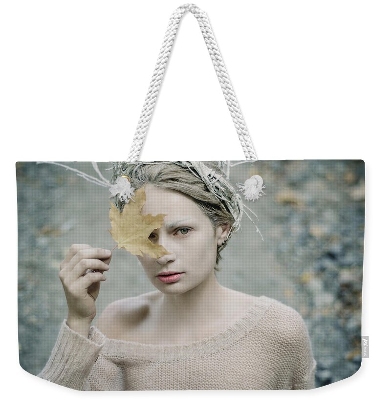 Woman Weekender Tote Bag featuring the photograph Albino in Forest. Prickle Tenderness by Inna Mosina
