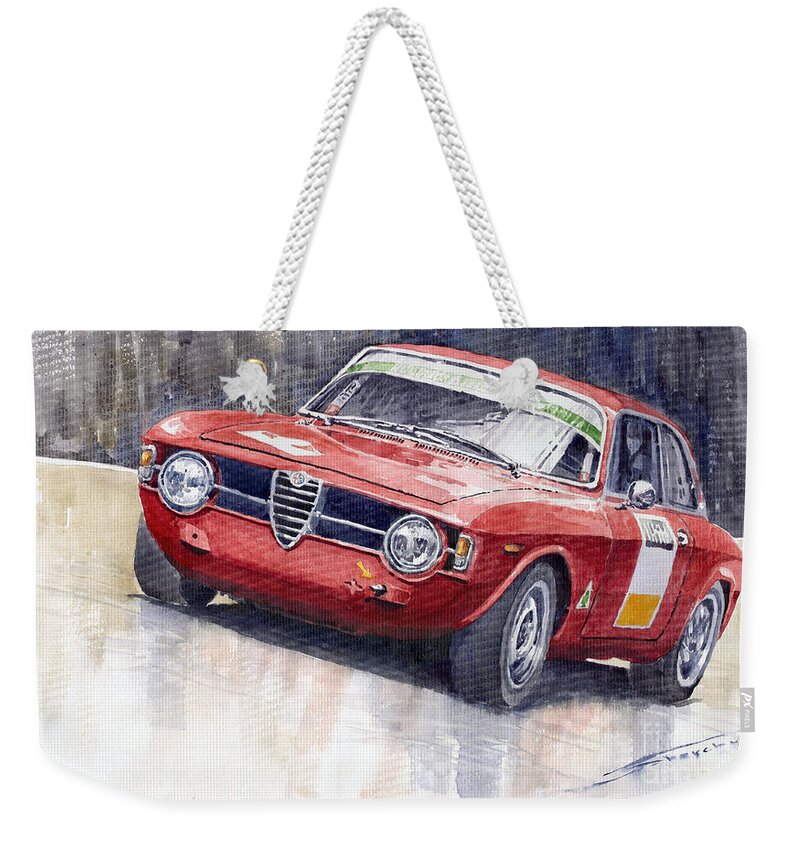 Watercolor Weekender Tote Bag featuring the painting Alfa Romeo Giulie Sprint GT 1966 by Yuriy Shevchuk