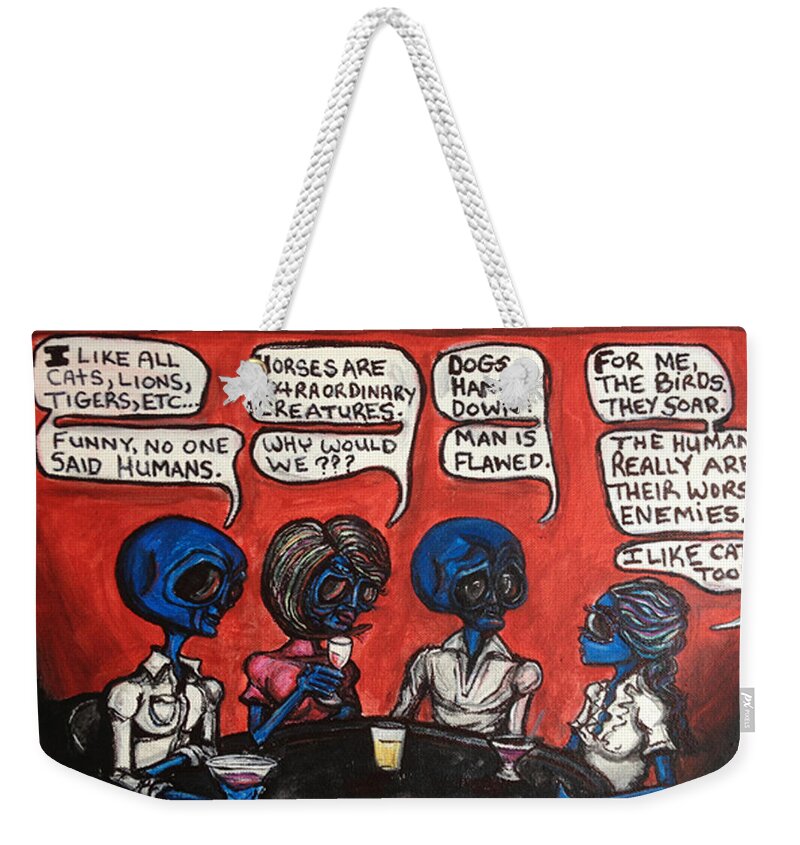 Couples Weekender Tote Bag featuring the painting Alien couples discuss the Earths creatures over drinks by Similar Alien