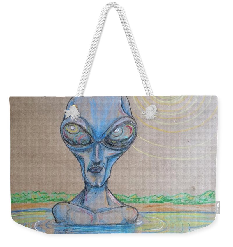 Submerged Weekender Tote Bag featuring the drawing Alien Submerged by Similar Alien