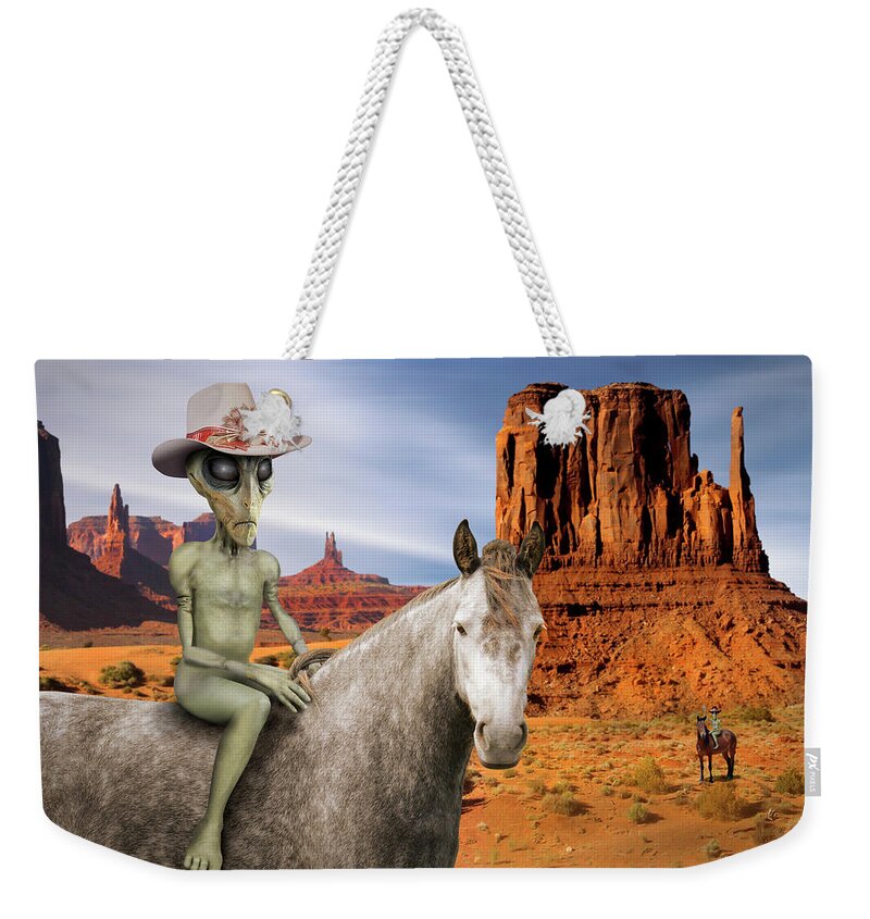 Surrealism Weekender Tote Bag featuring the photograph Alien Vacation - Monument Valley by Mike McGlothlen