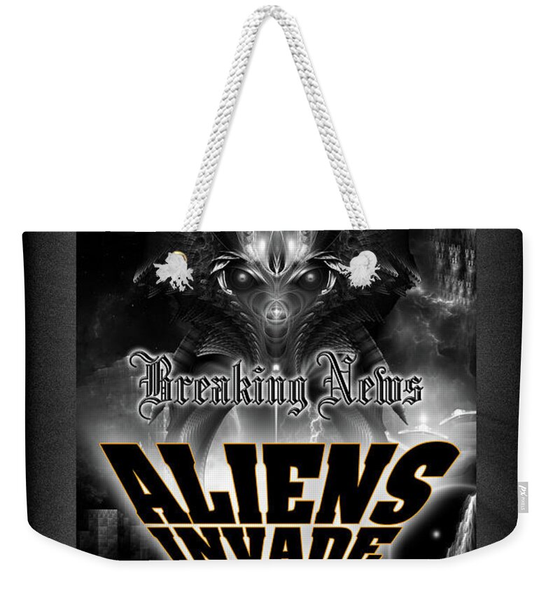 Aliens Weekender Tote Bag featuring the digital art Aliens Invade 4 Beer Galaxy Attack by Rolando Burbon