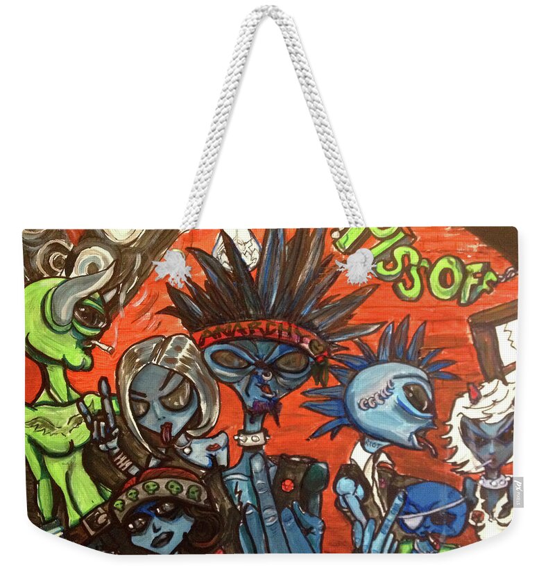 Punk Rock Weekender Tote Bag featuring the painting Aliens with Nefarious Intent by Similar Alien